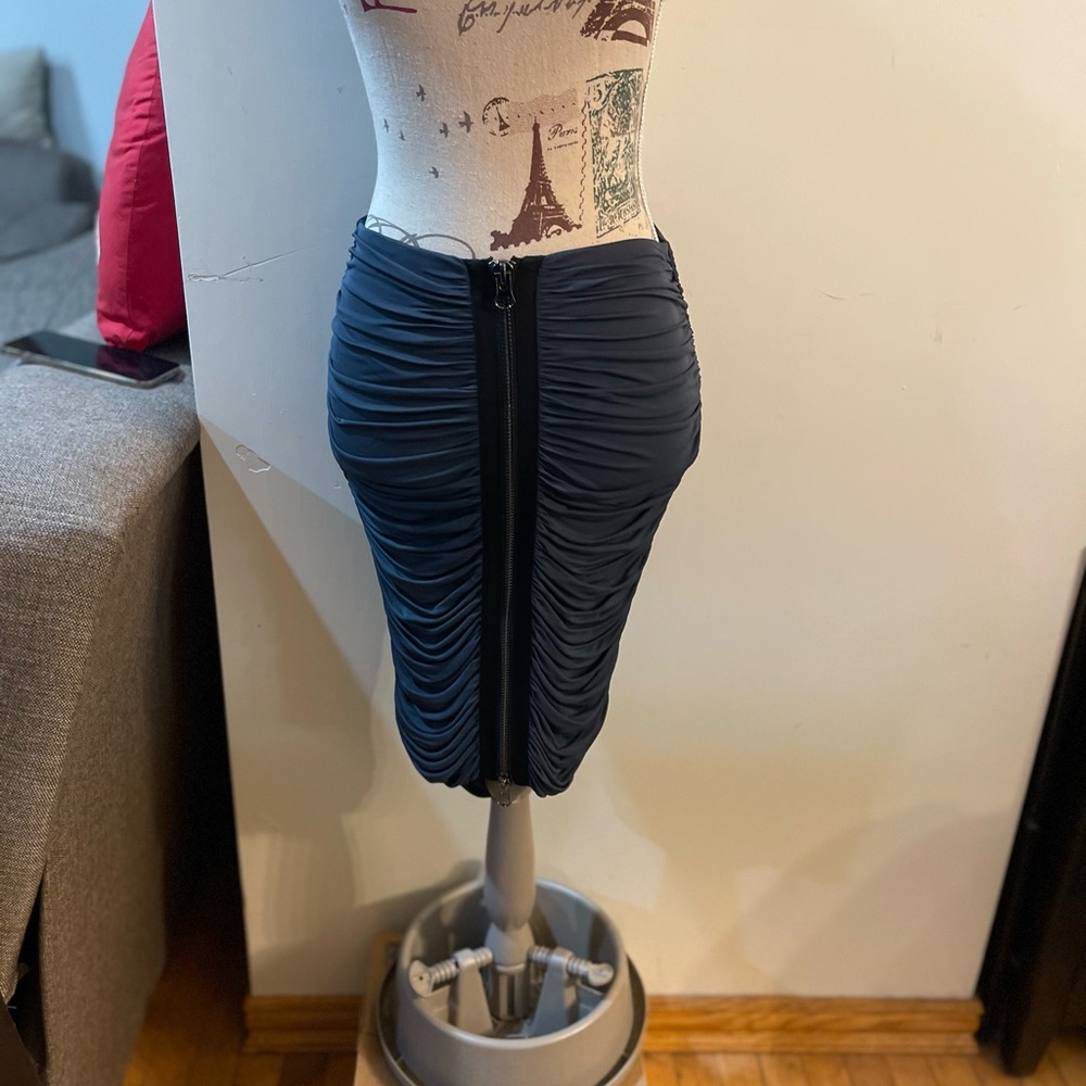 Reiss Teal and Black Ruched Front-Zip Pencil Skirt